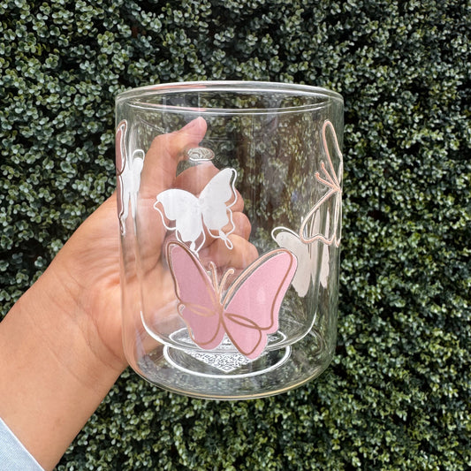 Butterfly glass coffee mug . Pink Girly mug. Glass mug .Gift for coffee lover .Butterfly mug 13oz Double walled