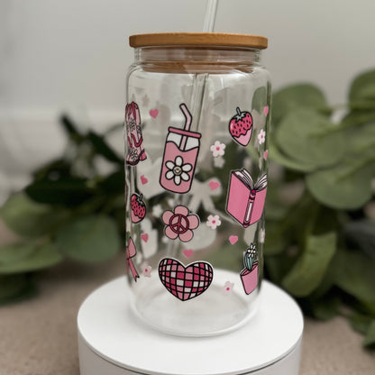 Bookish Pink lover iced coffee glass mug, Cute iced coffee glass bamboo lid and glass straw, Coffee book lovers cute bookish cup,Bookish glass 16oz