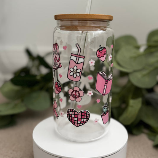 Bookish Pink lover iced coffee glass mug, Cute iced coffee glass bamboo lid and glass straw, Coffee book lovers cute bookish cup,Bookish glass 16oz