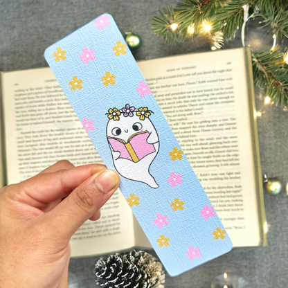 Winter Ghostie Bookworm linen bookmark, Holiday Cozy Read bookmark