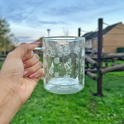 White Doodle Winterwonderland Glass Coffee Mug: Double Walled 13oz