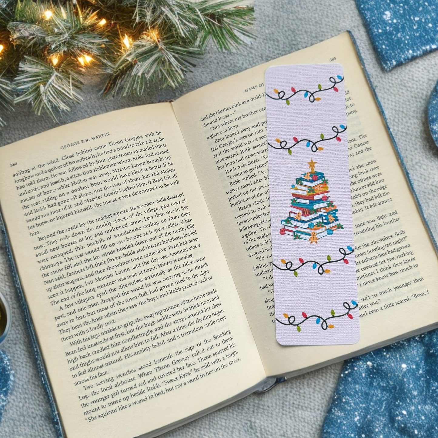 Christmas lights bookish linen bookmark, Christmas tree Bookmas Cozy Read bookmark