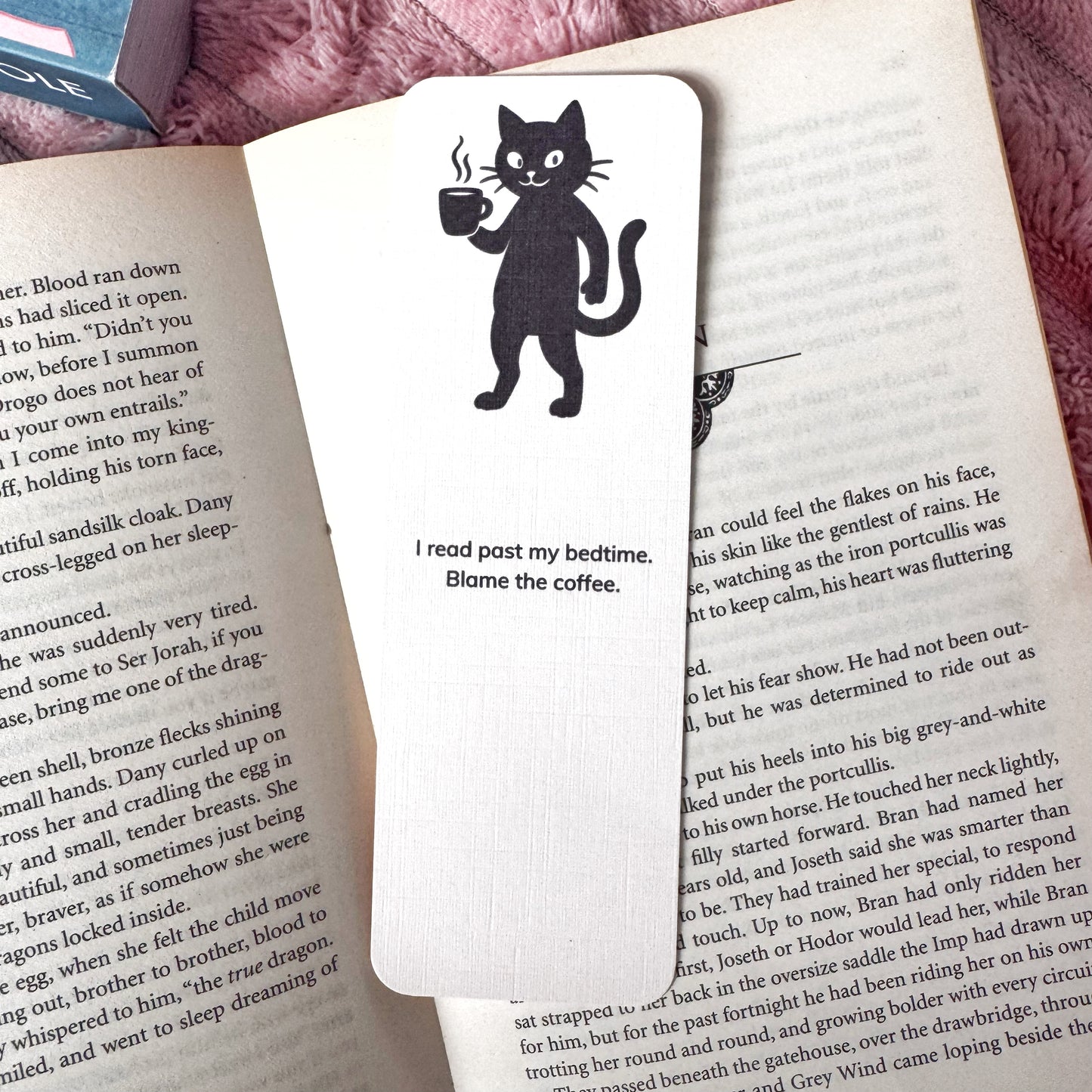 I Read Past My Bedtime Blame the Coffee Cat Linen Bookmark – Funny Bookish Bookmark for Readers
