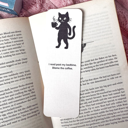 I Read Past My Bedtime Blame the Coffee Cat Linen Bookmark – Funny Bookish Bookmark for Readers