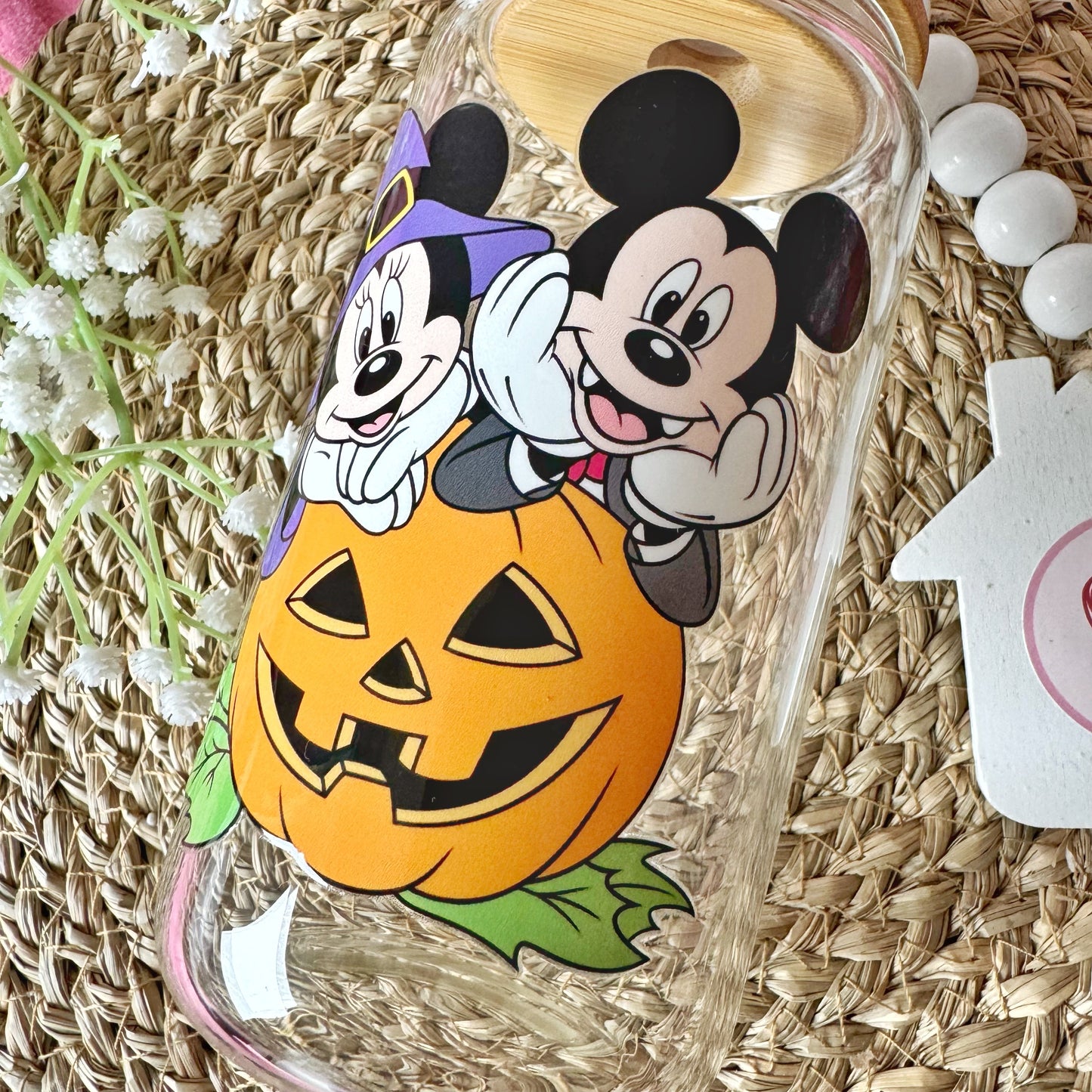 SALE Spooky Disney Coffee Glass , Halloween Mouse Pumpkin Iced Coffee Can Glass Tumbler 16 oz