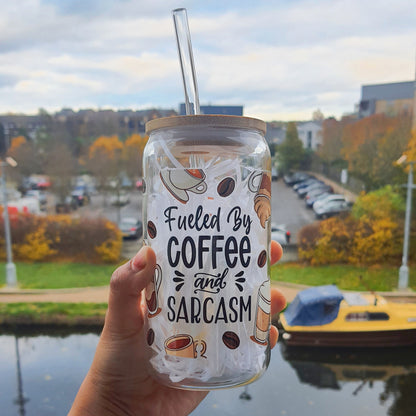 Fueled by Coffee & Sarcasm, Coffee themed Glass Tumbler 16 oz for coffee Lovers