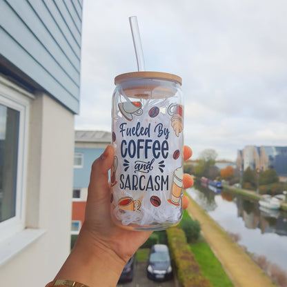 Fueled by Coffee & Sarcasm, Coffee themed Glass Tumbler 16 oz for coffee Lovers