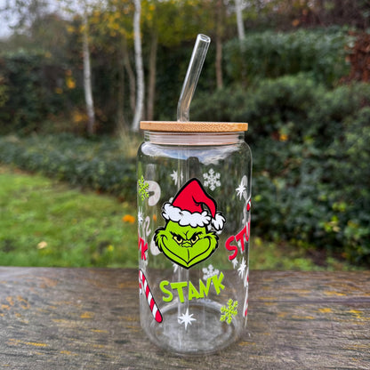 Christmas Grinch Stink Stunk Stank Iced coffee Glass Can With Bamboo Lid and Straw