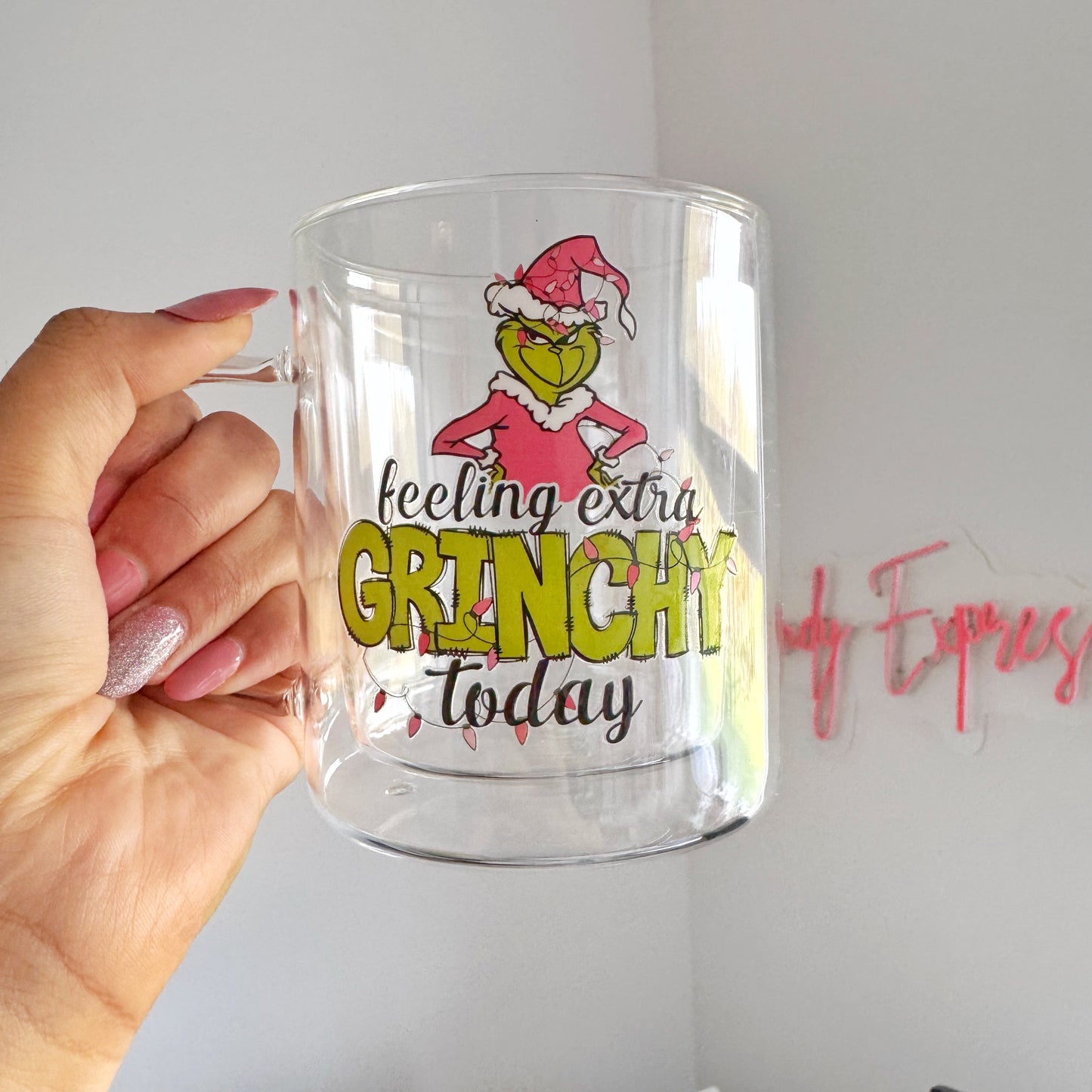 Feeling Extra Grinchy this Christmas Glass Coffee Mug: Double Walled 13oz