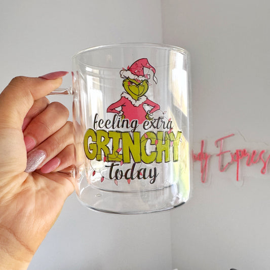 Feeling Extra Grinchy this Christmas Glass Coffee Mug: Double Walled 13oz