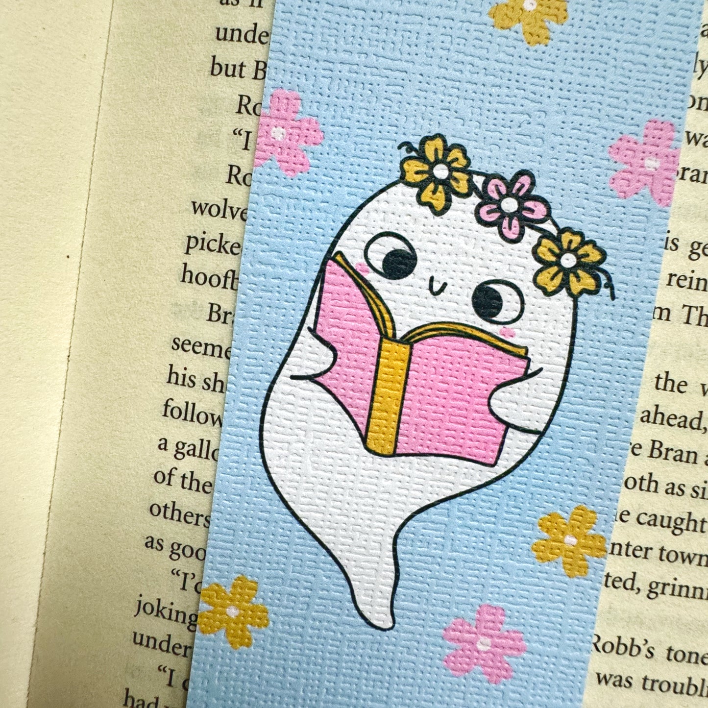 Winter Ghostie Bookworm linen bookmark, Holiday Cozy Read bookmark