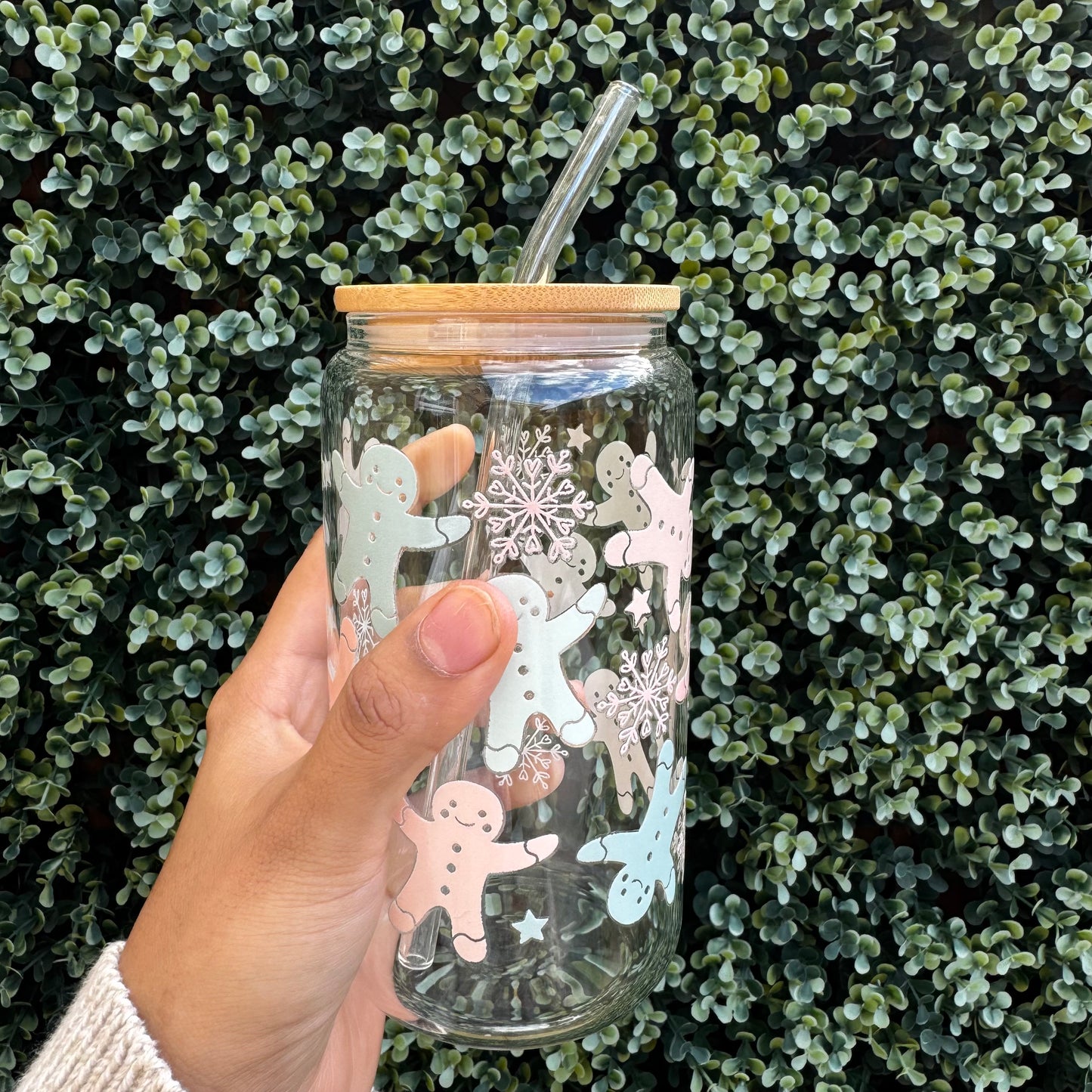 Christmas Gingerbread pastel Iced coffee Glass Can With Bamboo Lid and Straw