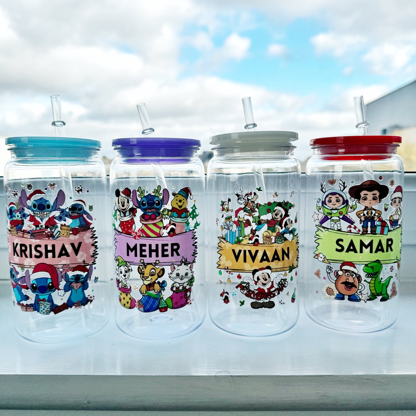 PREORDER Personalised Christmas Cartoon Characters Acrylic tumbler 16oz with plastic straw & acrylic lid,Kids cold cup, Stocking Filler Gift, Secret Santa Gift - dispatches December 1st