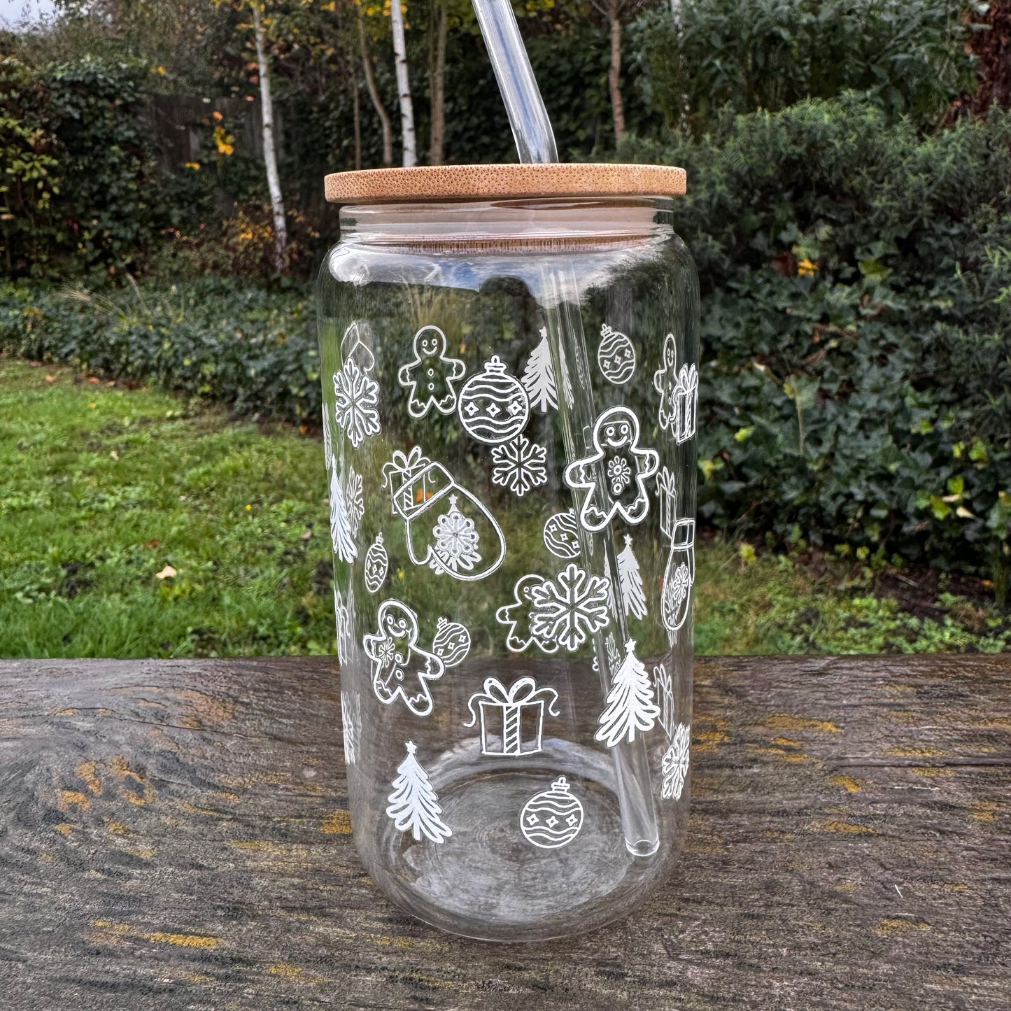 White Christmas Doodle Iced coffee Glass Can With Bamboo Lid and Straw