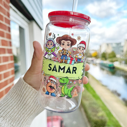 PREORDER Personalised Christmas Cartoon Characters Acrylic tumbler 16oz with plastic straw & acrylic lid,Kids cold cup, Stocking Filler Gift, Secret Santa Gift - dispatches December 1st