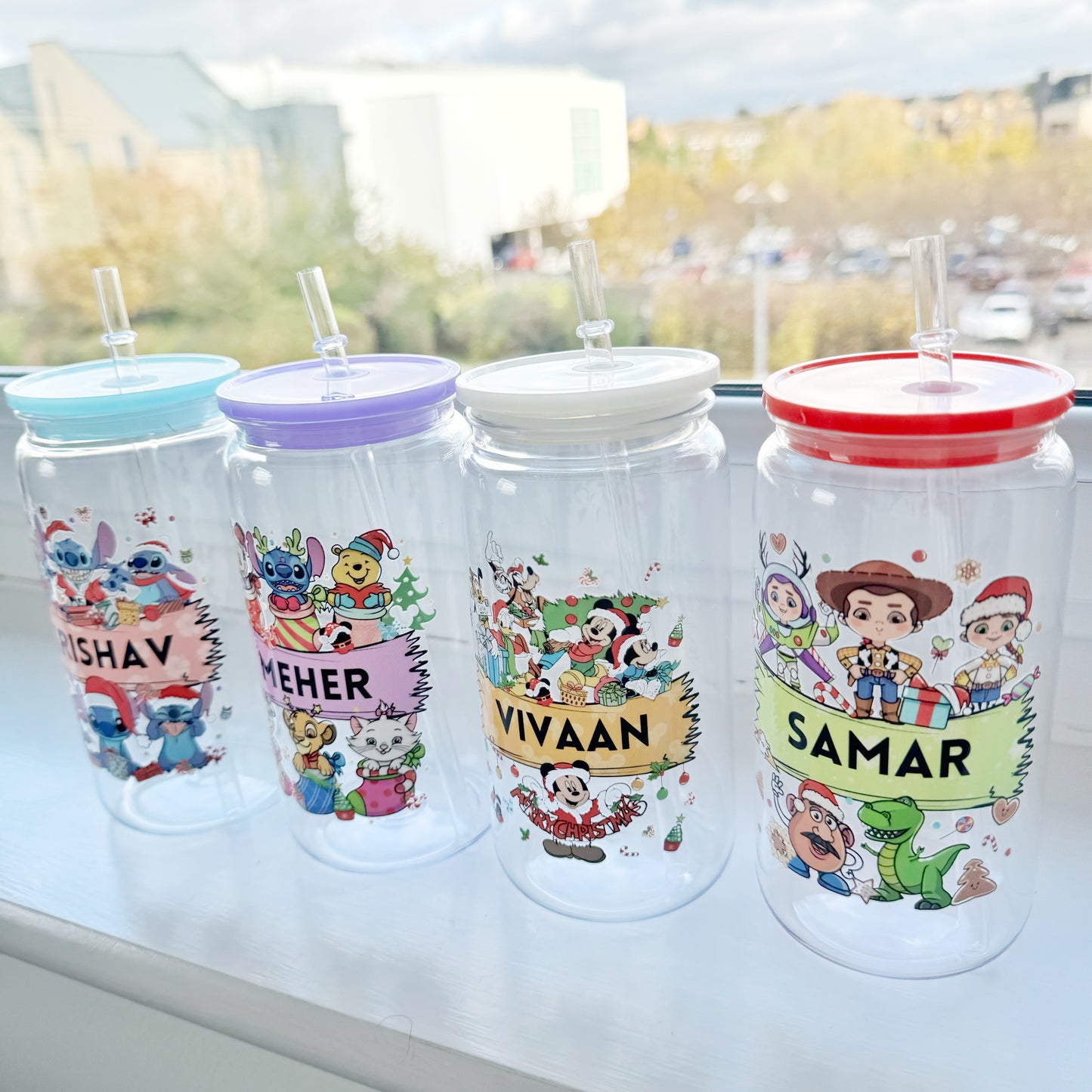 PREORDER Personalised Christmas Cartoon Characters Acrylic tumbler 16oz with plastic straw & acrylic lid,Kids cold cup, Stocking Filler Gift, Secret Santa Gift - dispatches December 1st