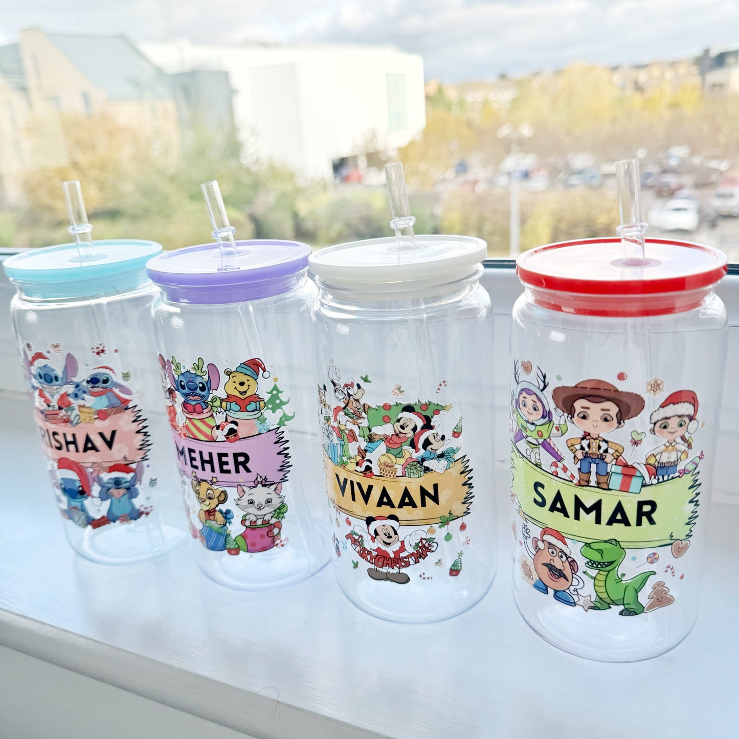Personalised Christmas famous Characters Acrylic tumbler 16oz with plastic straw & acrylic lid,Kids cold cup, Stocking Filler Gift, Secret Santa Gift