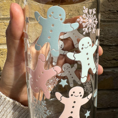 Christmas Gingerbread pastel Iced coffee Glass Can With Bamboo Lid and Straw