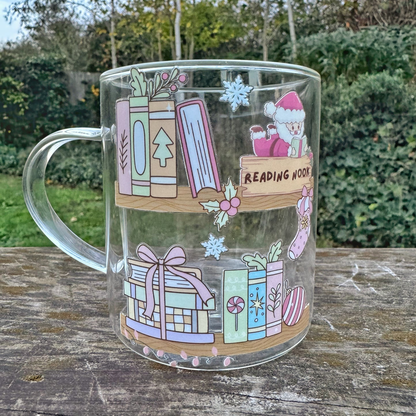 Christmas bookshelf Themed Glass Coffee Mug: Double Walled 13oz For Book Lovers