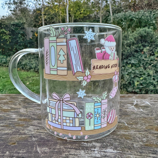 Christmas bookshelf Themed Glass Coffee Mug: Double Walled 13oz For Book Lovers