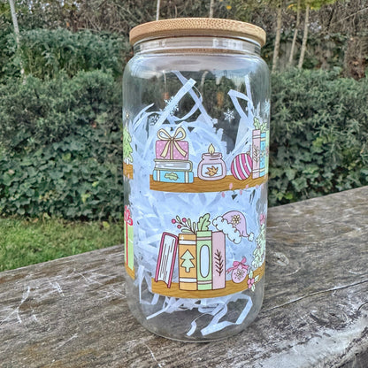 Christmas Bookshelf Book Nook Iced coffee Glass Can With Bamboo Lid and Straw