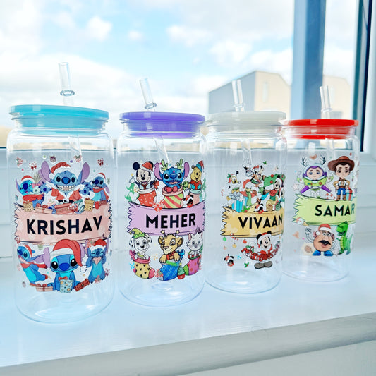 PREORDER Personalised Christmas Cartoon Characters Acrylic tumbler 16oz with plastic straw & acrylic lid,Kids cold cup, Stocking Filler Gift, Secret Santa Gift - dispatches December 1st