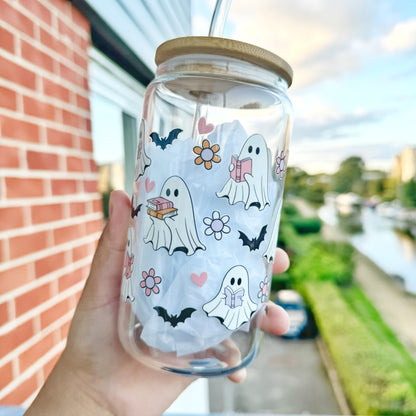 Spooky Boo and Daisy Book Lover Iced Coffee Can Glass, 16oz Beer Can Glass with Bamboo Lid and Glass Straw , Ghost Bookish Cup