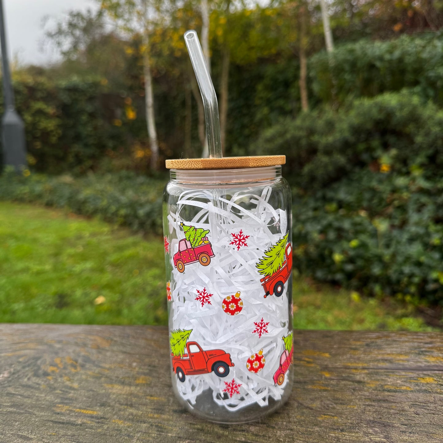 Christmas Red Truck Iced coffee Glass Can With Bamboo Lid and Straw