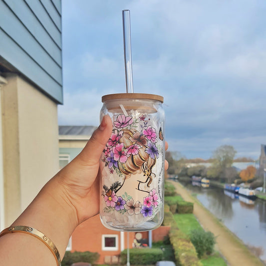 SALE affirmation Flower lady iced Coffee Cup, Flower Glass Tumbler 16 oz , Glass Cup  with Bamboo lid and glass straw