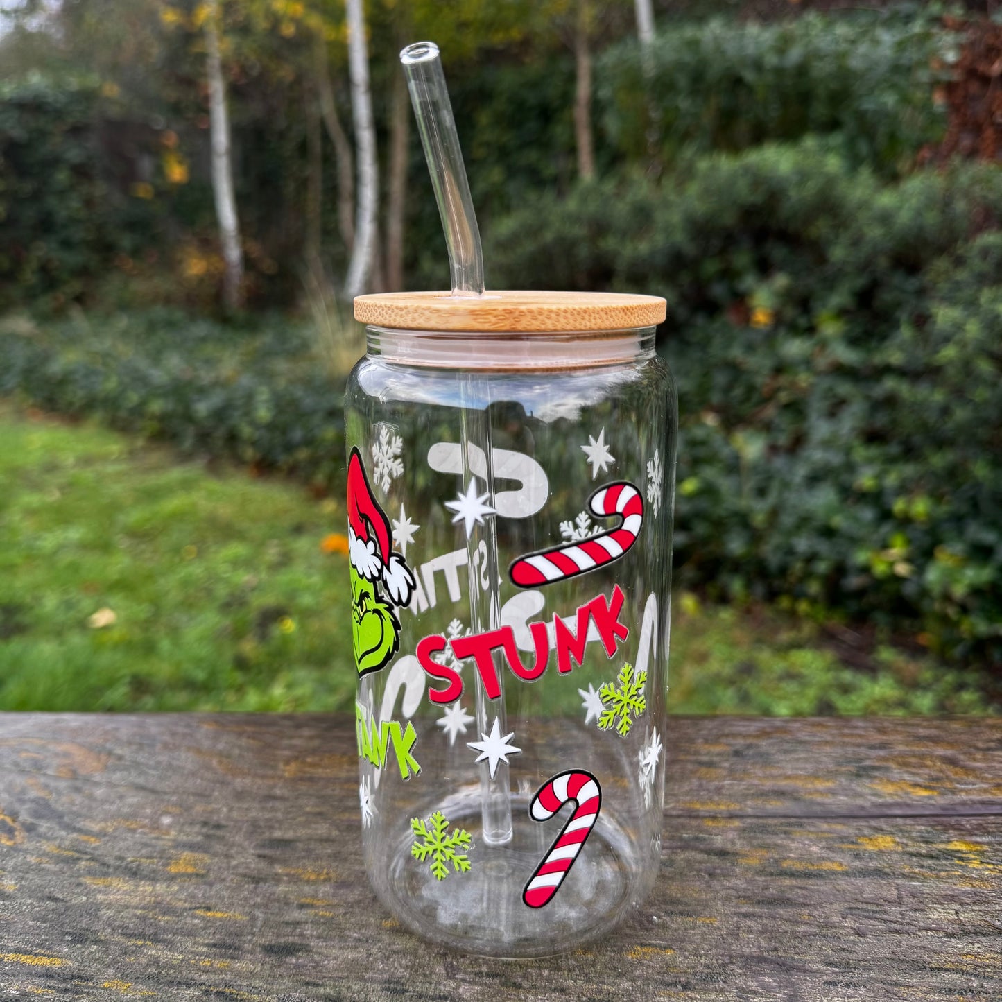 Christmas Grinch Stink Stunk Stank Iced coffee Glass Can With Bamboo Lid and Straw