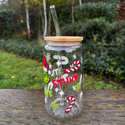 Christmas Grinch Stink Stunk Stank Iced coffee Glass Can With Bamboo Lid and Straw