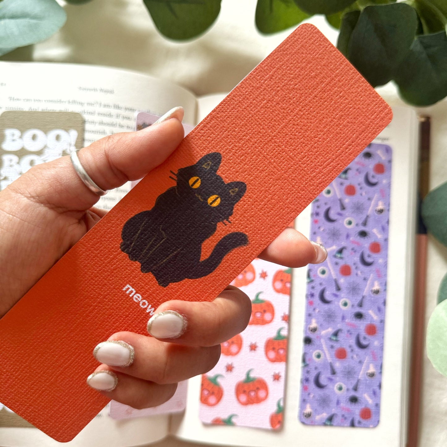 Cat Meow Linen Bookmark, Halloween Bookmark