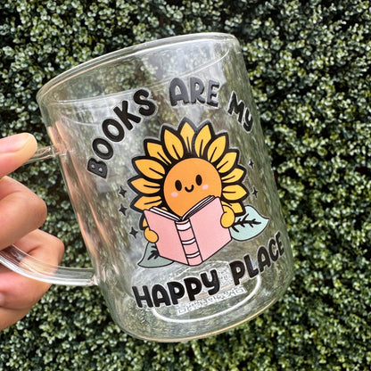 Book lover glass coffee mug . Books are my happy place Glass mug .Gift for book lover, Bibliophile gift . Bookish mug 13oz Double walled