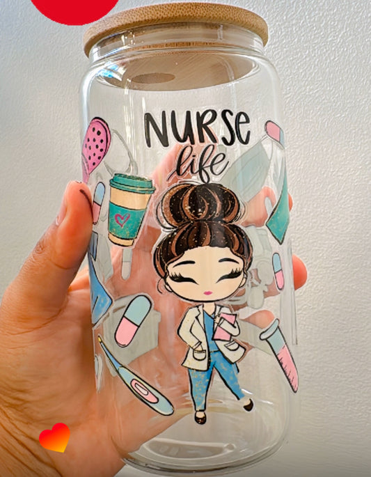 SALE Nurse iced Coffee Cup, Flower Glass Tumbler 16 oz , Glass Cup  with Bamboo lid and glass straw