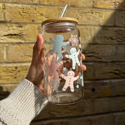 Christmas Gingerbread pastel Iced coffee Glass Can With Bamboo Lid and Straw