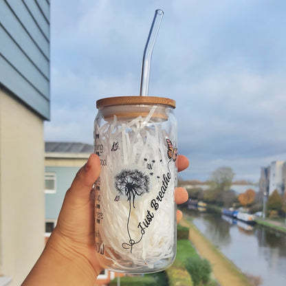 SALE affirmation Flower lady iced Coffee Cup, Flower Glass Tumbler 16 oz , Glass Cup  with Bamboo lid and glass straw