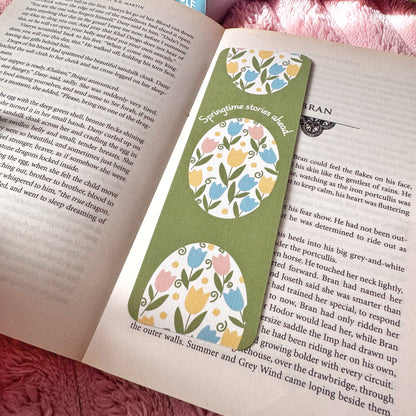 Springtime Stories Ahead Tulip Linen Bookmark – Pastel Floral Bookish Bookmark for Readers