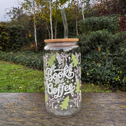 Christmas Books & Coffee 16oz Glass Can – Coquette Bow Iced Coffee Cup with Bamboo Lid & Glass Straw | Book Lover Holiday Gift