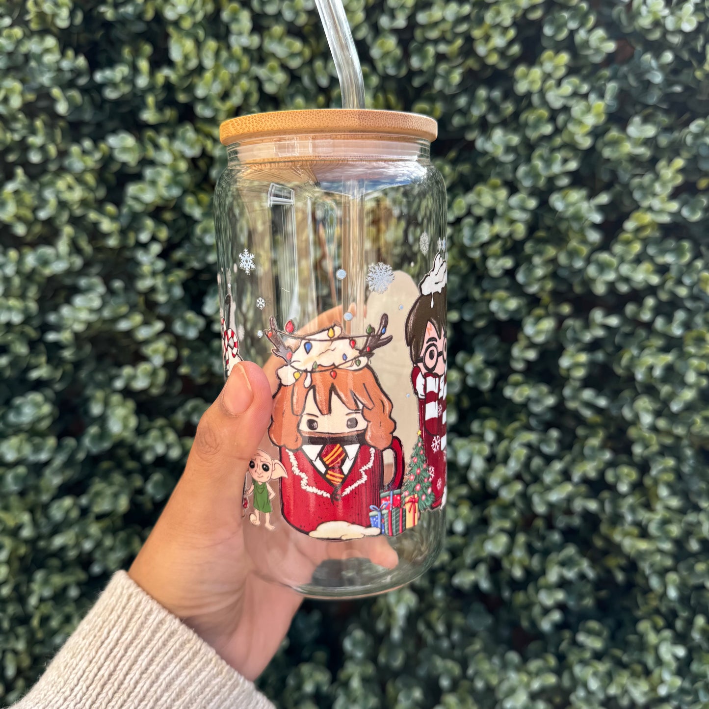 Potter Christmas Iced coffee Glass Can With Bamboo Lid and Straw