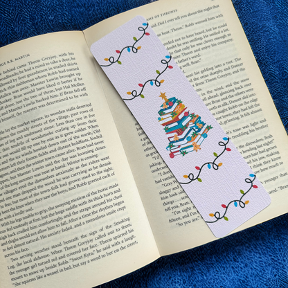 Christmas lights bookish linen bookmark, Christmas tree Bookmas Cozy Read bookmark