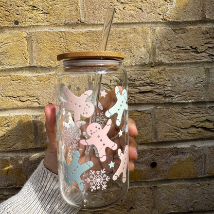 Christmas Gingerbread pastel Iced coffee Glass Can With Bamboo Lid and Straw