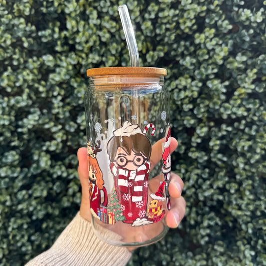 Potter Christmas Iced coffee Glass Can With Bamboo Lid and Straw