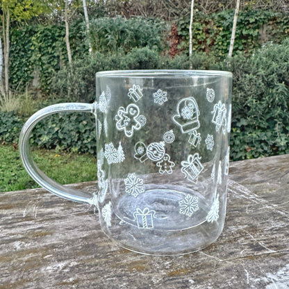 White Doodle Winterwonderland Glass Coffee Mug: Double Walled 13oz