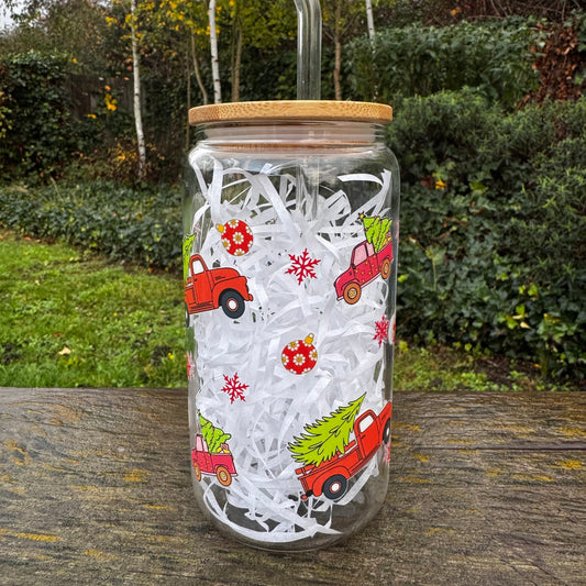 Christmas Red Truck Iced coffee Glass Can With Bamboo Lid and Straw