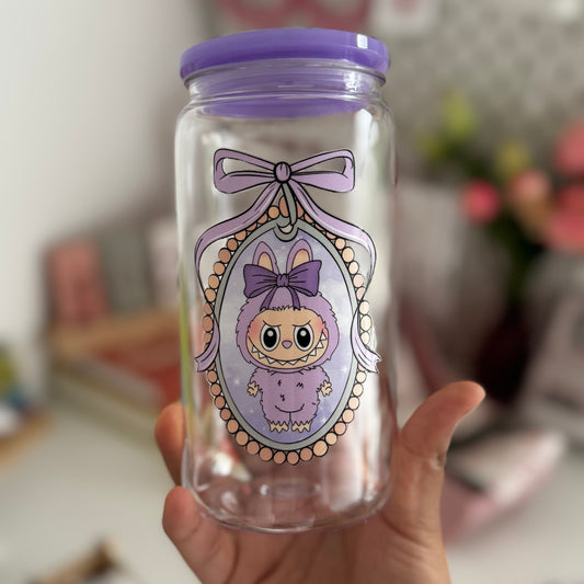 Exclusive Labubu Collection - Labubu Purple ( ZiZi) iced coffee can, Labubu Libbey Glass