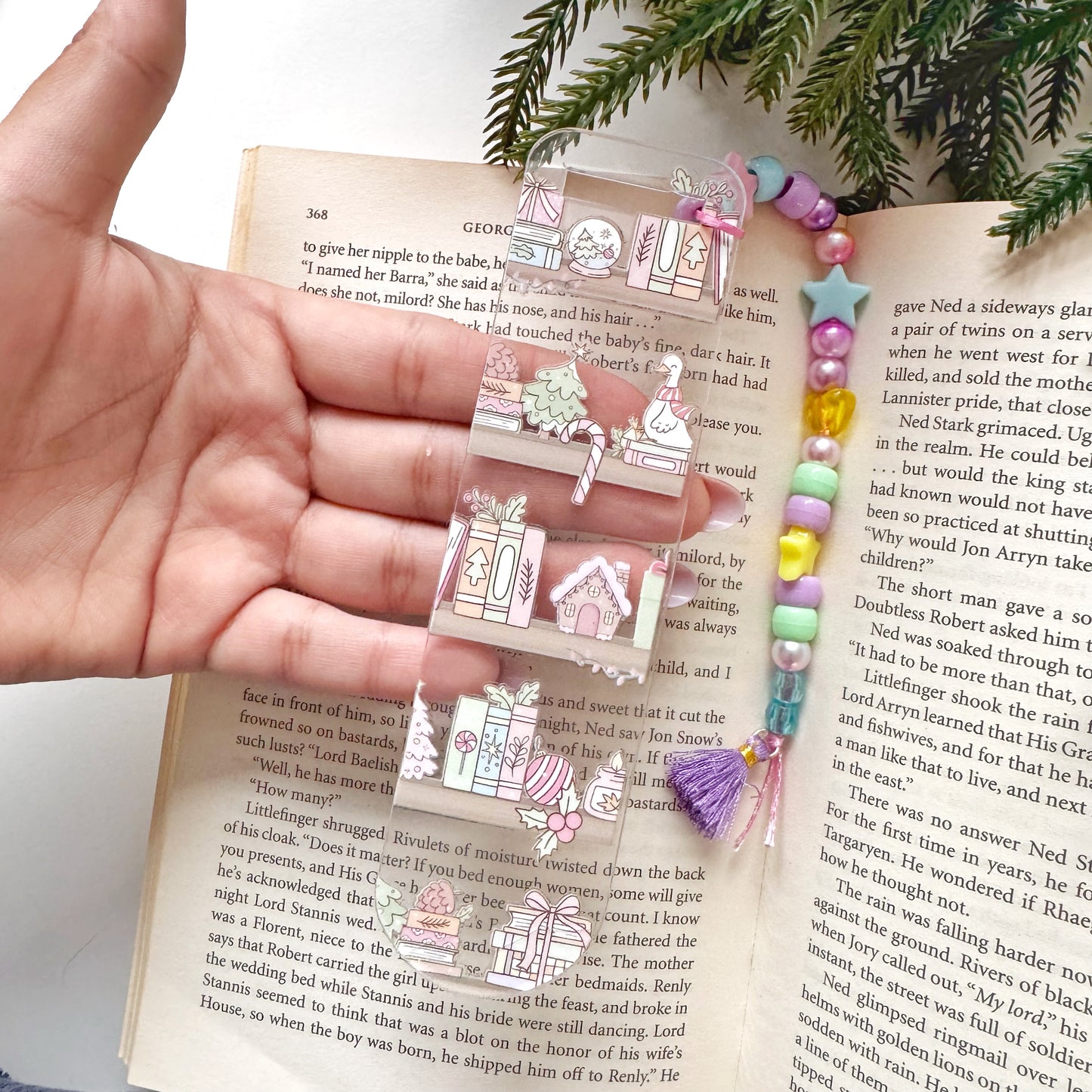 Christmas Bookshelf Acrylic Bookmark with beaded String