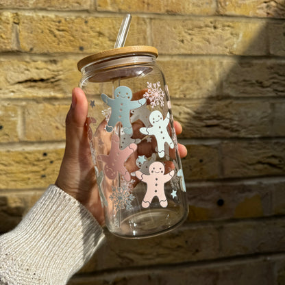 Christmas Gingerbread pastel Iced coffee Glass Can With Bamboo Lid and Straw