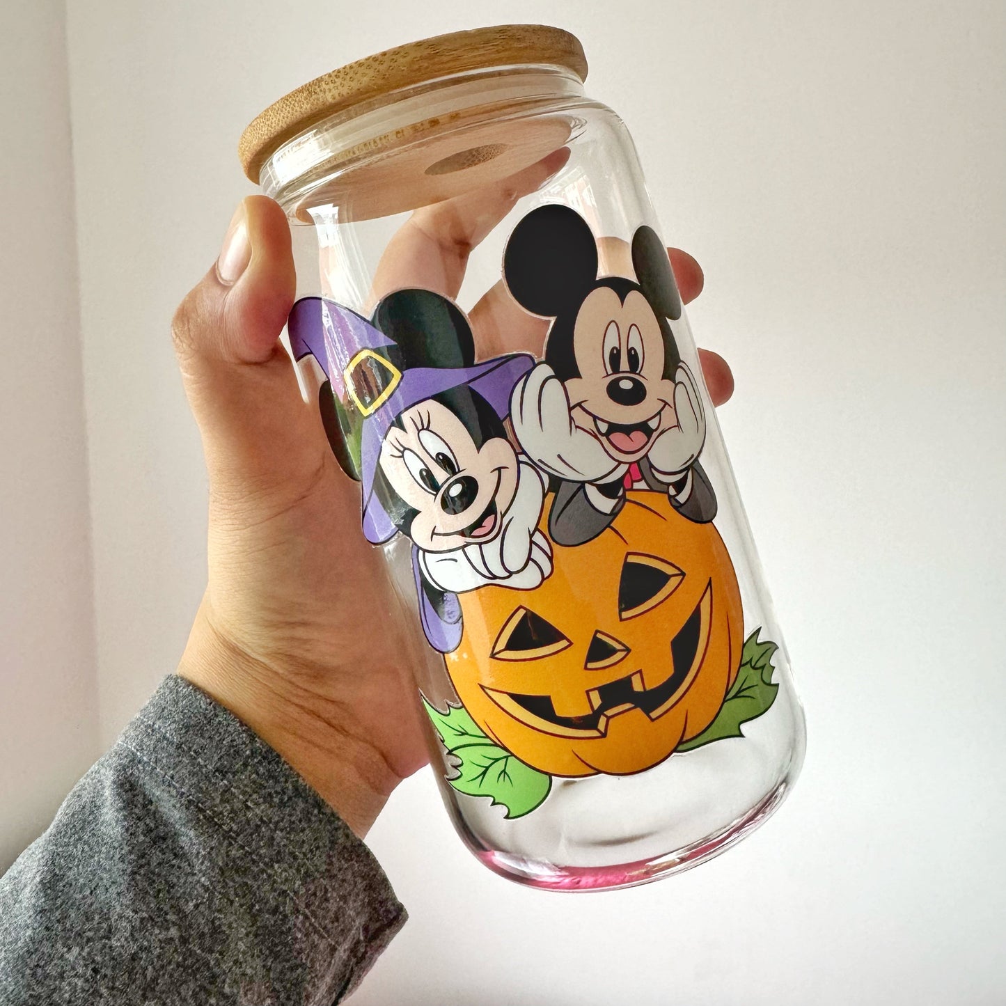 SALE Spooky Disney Coffee Glass , Halloween Mouse Pumpkin Iced Coffee Can Glass Tumbler 16 oz