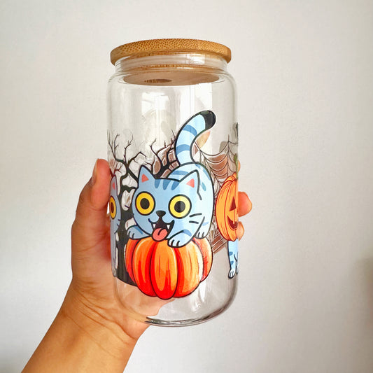 Spooky Cat Pumpkin Iced coffee Glass Can With Bamboo Lid and Straw
