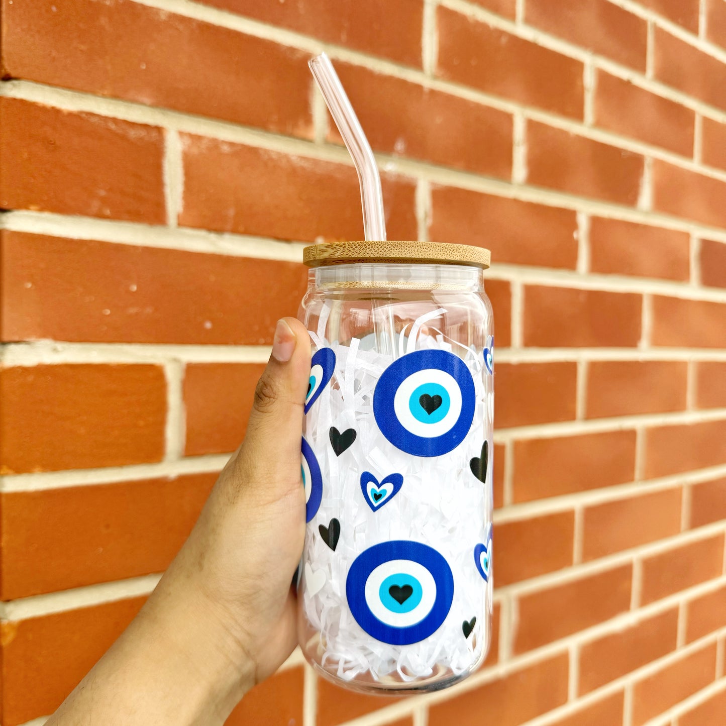 Evil Eye and Heart Themed Glass Tumbler 16 oz